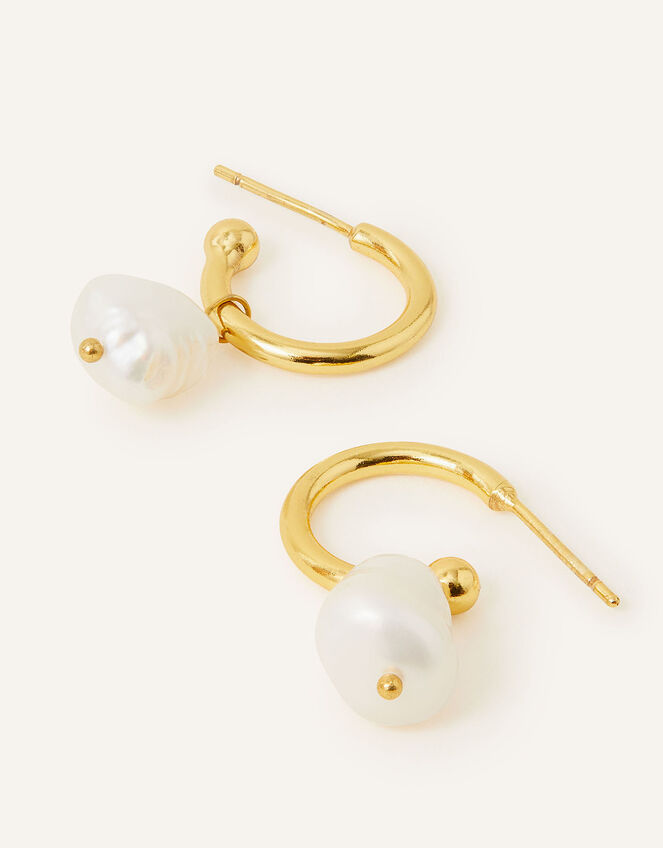 14ct Gold-Plated Chunky Pearl Drop Hoops, , large