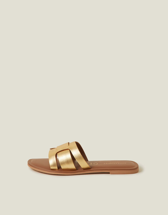 Wide Fit Metallic Leather Cut-Out Slide Sandals, Gold (GOLD), large