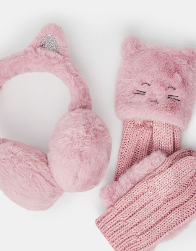 Girls Cat Faux Fur Earmuffs and Gloves Set, Pink (PINK), large