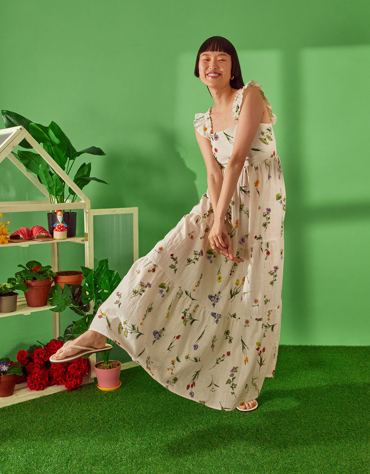 Botanical Tiered Floral Print Maxi Dress Ivory Beach holiday