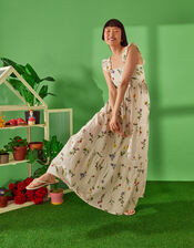Botanical Tiered Floral Print Maxi Dress, Ivory (IVORY), large
