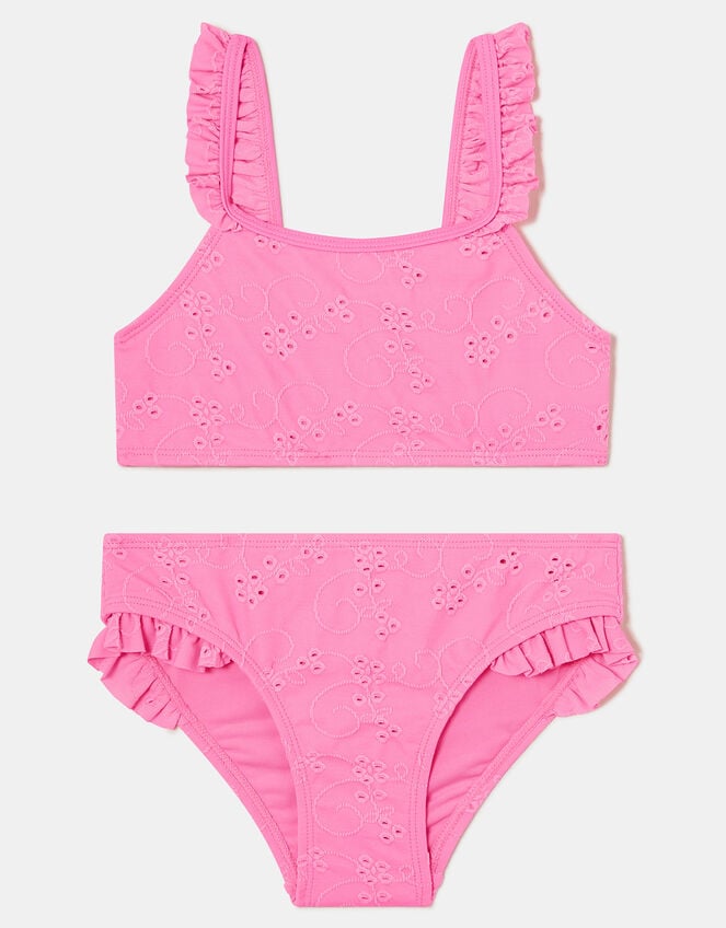 Girls Ruffle Broderie Bikini Set, Pink (PALE PINK), large