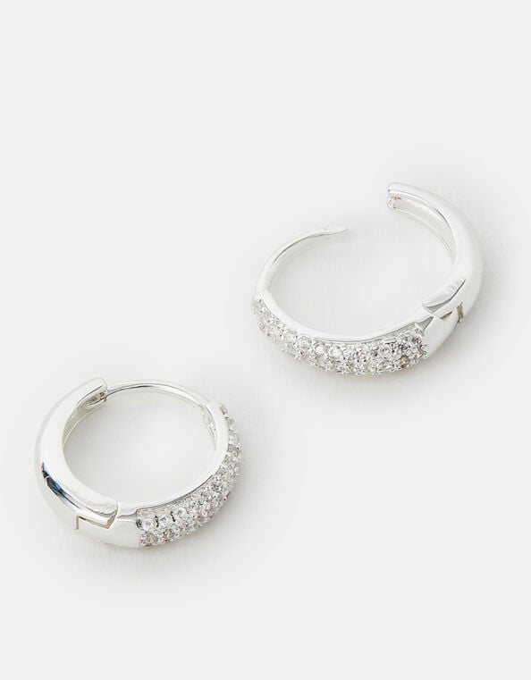 Sterling Silver-Plated Diamanté Huggie Hoop Earrings, , large