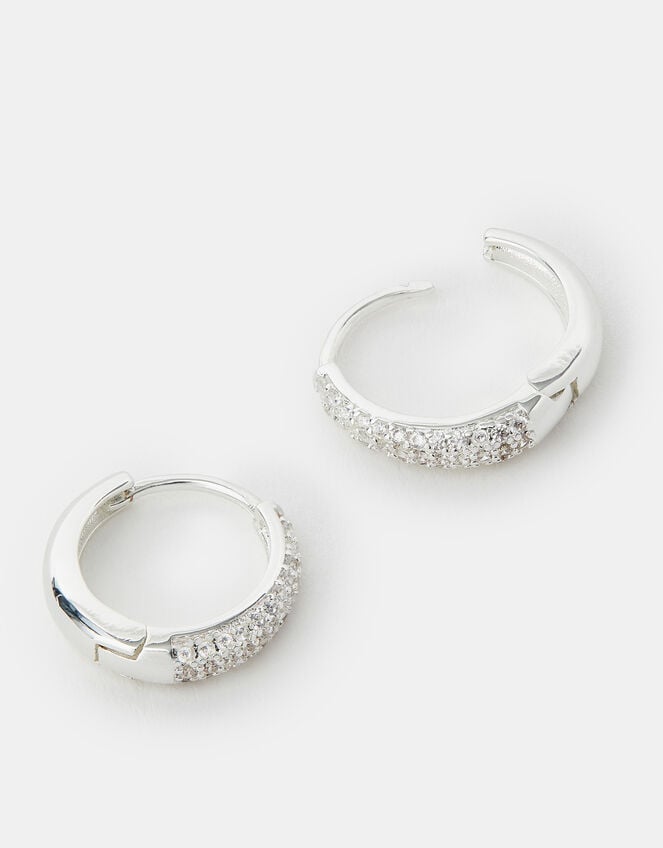 Sterling Silver-Plated Diamanté Huggie Hoop Earrings, , large
