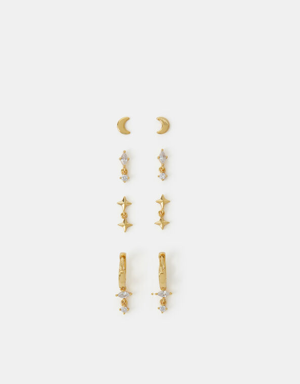 4-Pack 14ct Gold-Plated Star Stud & Hoop Earrings, , large