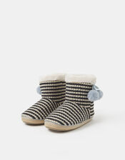 Knitted Stripe Boot Slippers, Black (BLACK WHITE), large