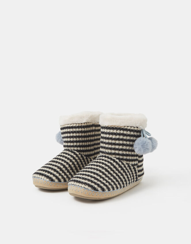 Knitted Stripe Boot Slippers, Black (BLACK WHITE), large