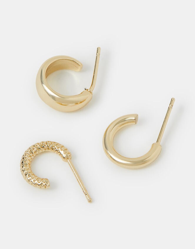 3-Pack 14ct Gold-Plated Chunky Huggie Hoop Earrings, , large