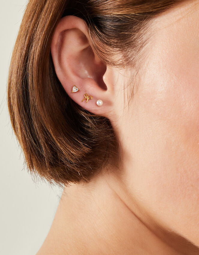 3-Pack 14ct Gold-Plated Surgical Steel Flatback Stud Earrings, , large