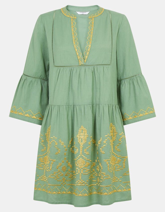 Embroidered Flute Sleeve Mini Dress, Green (GREEN), large