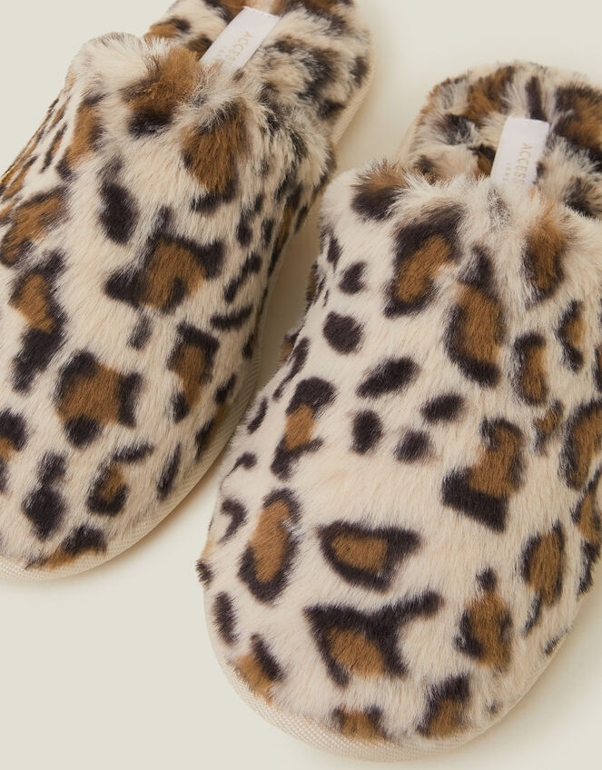 Faux Fur Leopard Print Slippers, Leopard (LEOPARD), large