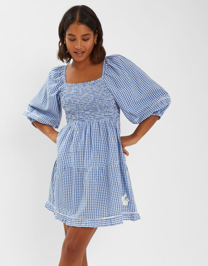 Puff-Sleeve Gingham Mini Dress, Blue (BLUE), large