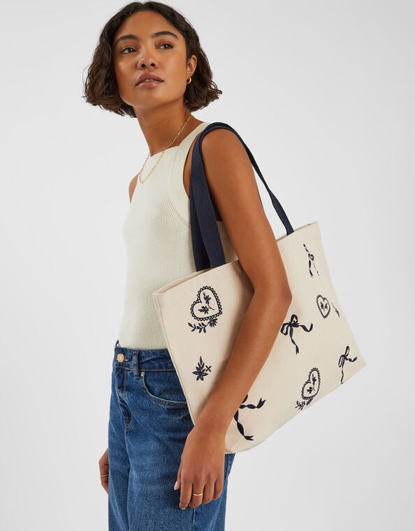 Bow Embroidered Shopper Bag, , large