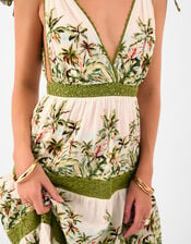 V-Neck Palm Print Tiered Maxi Dress, Ivory (IVORY), large