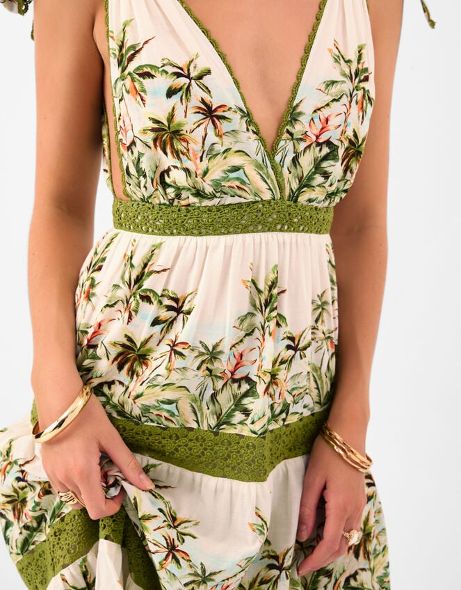 V-Neck Palm Print Tiered Maxi Dress, Ivory (IVORY), large