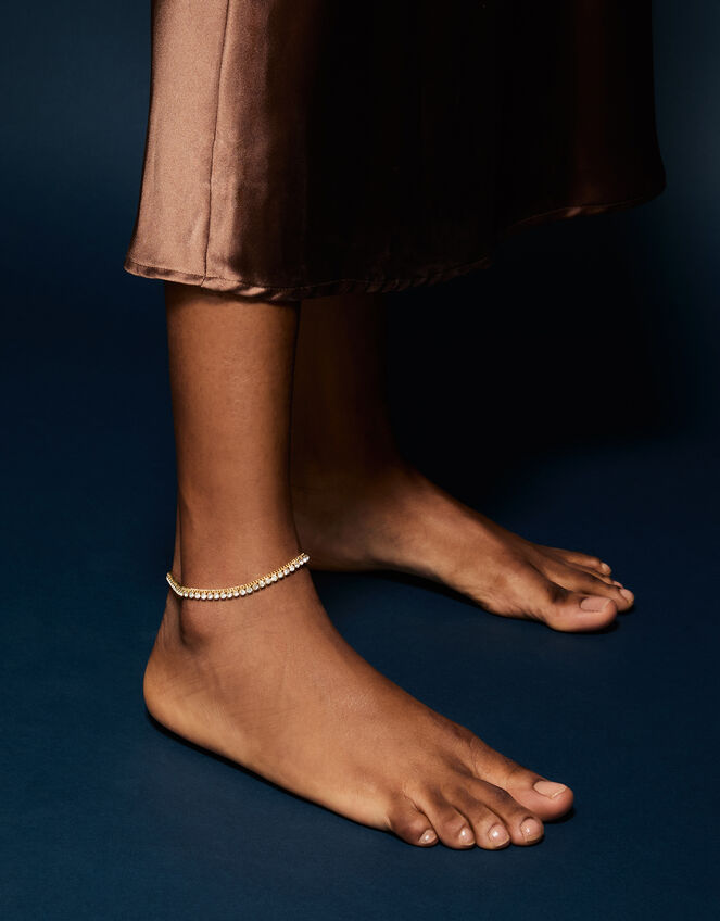 14ct Gold-Plated Diamanté Chain Anklet, , large