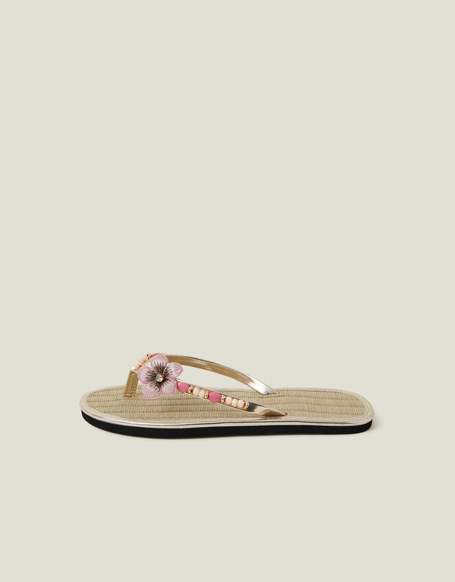 Flower Beaded Seagrass Flip Flops, Gold (GOLD), large
