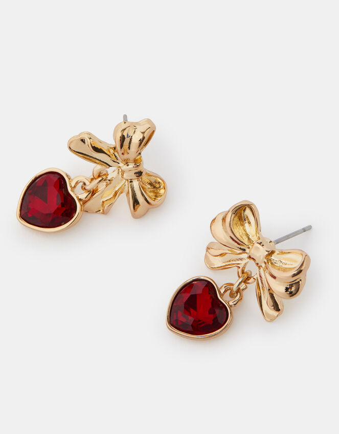 Bow Gem Heart Drop Earrings, , large