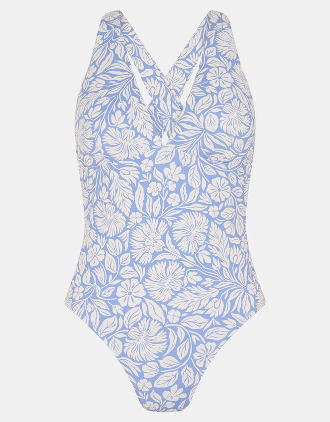 Floral Print Cross-Back Plunge Swimsuit, Blue (BLUE), large