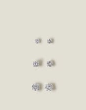3-Pack Crystal Sterling Silver Stud Earrings, , large