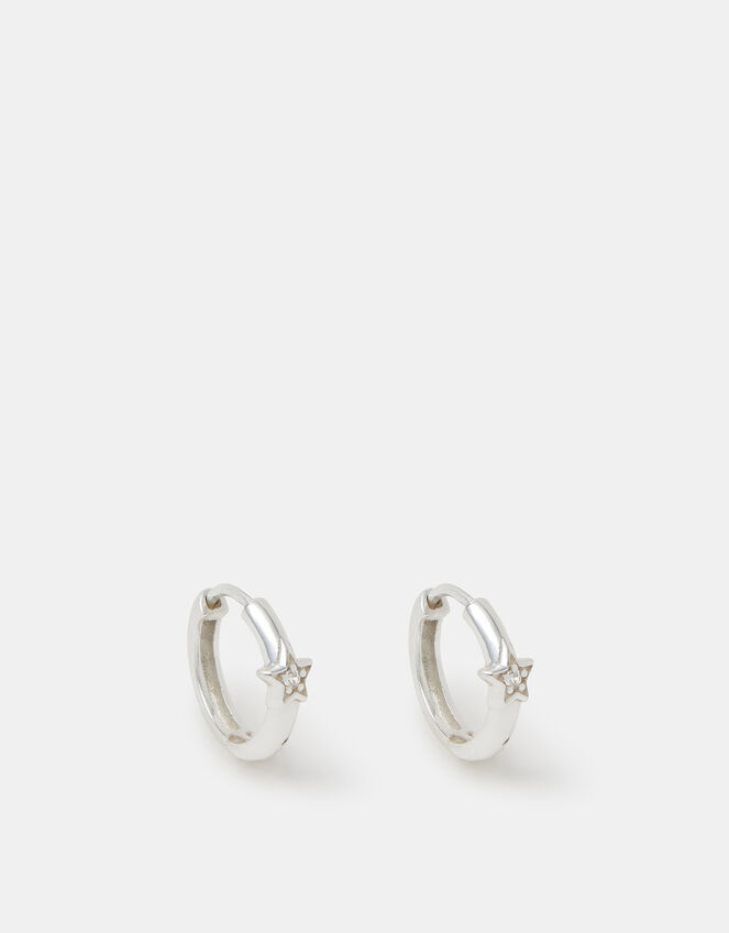 Sterling Silver Diamanté Star Hoop Earrings, , large