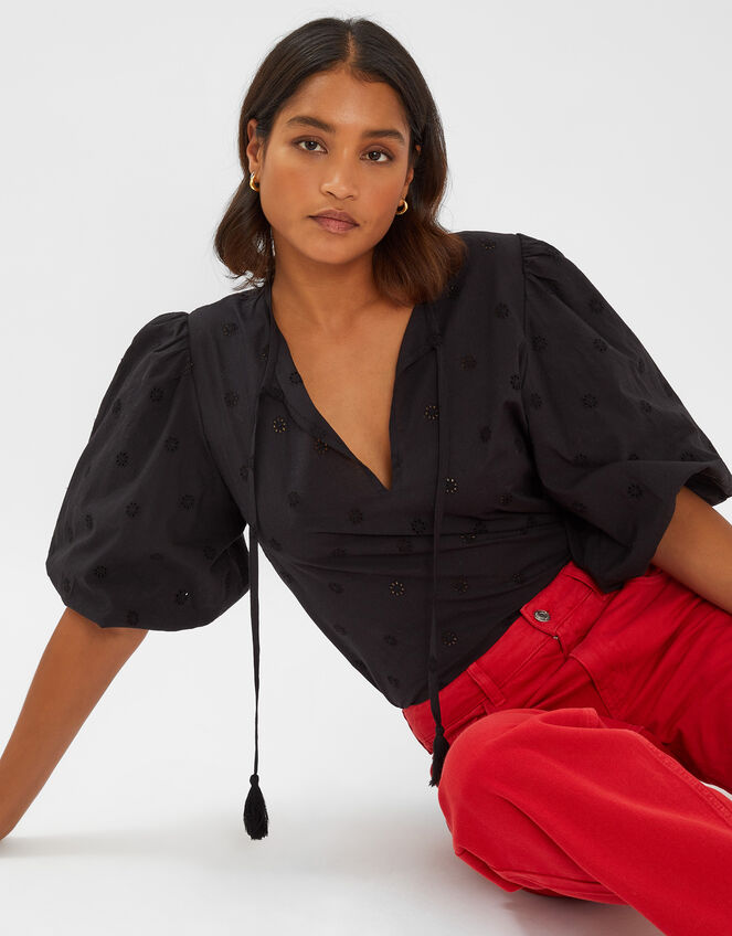 Puff Sleeve Cotton Blouse, Black (BLACK), large