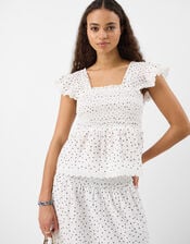 Frill Polka Dot Smocked Top, Ivory (IVORY), large