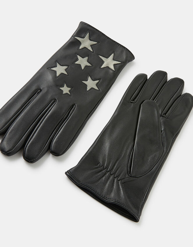 Shimmer Star Leather Gloves, Black (BLACK), large