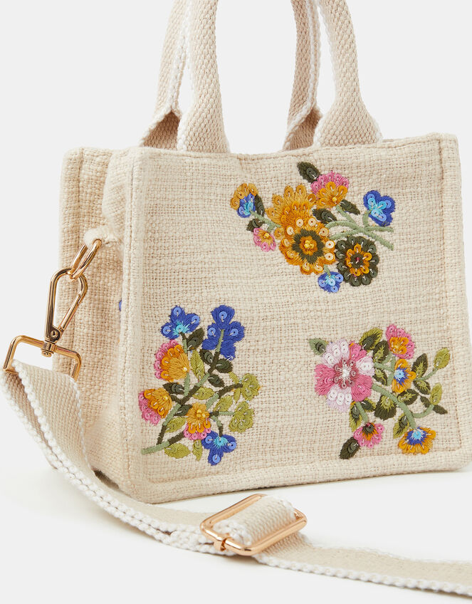 Mini Floral Embroidered Woven Handbag Cream, , large