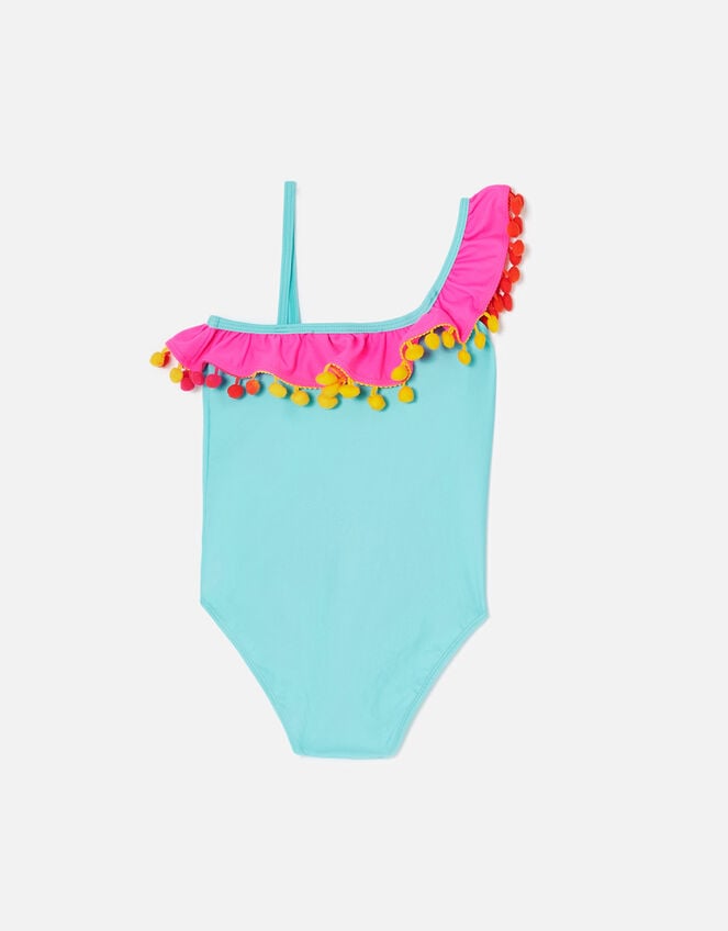 Girls Pom-Pom Frill Asymmetrical Swimsuit, Blue (AQUA), large