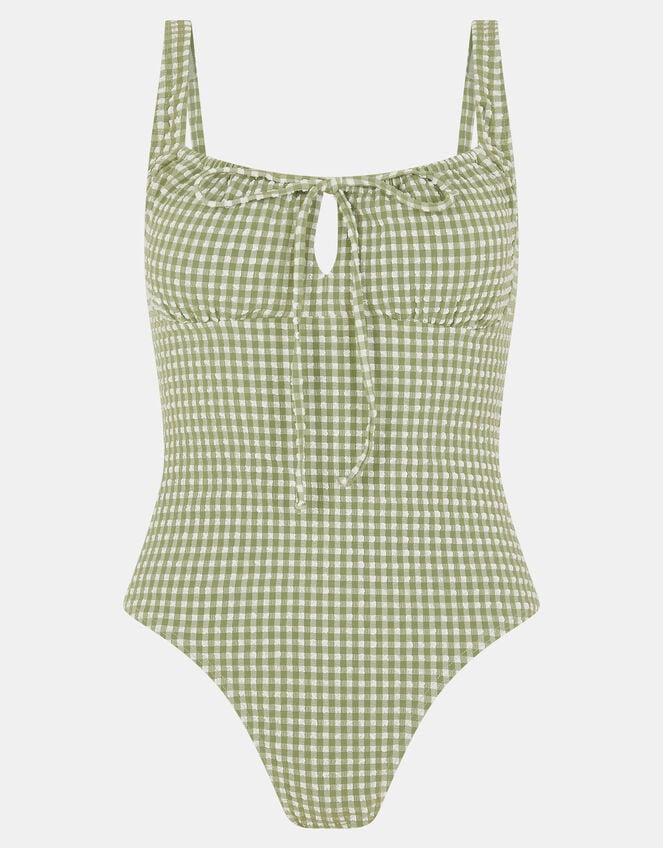 Gingham Seersucker Swimsuit, Green (KHAKI), large