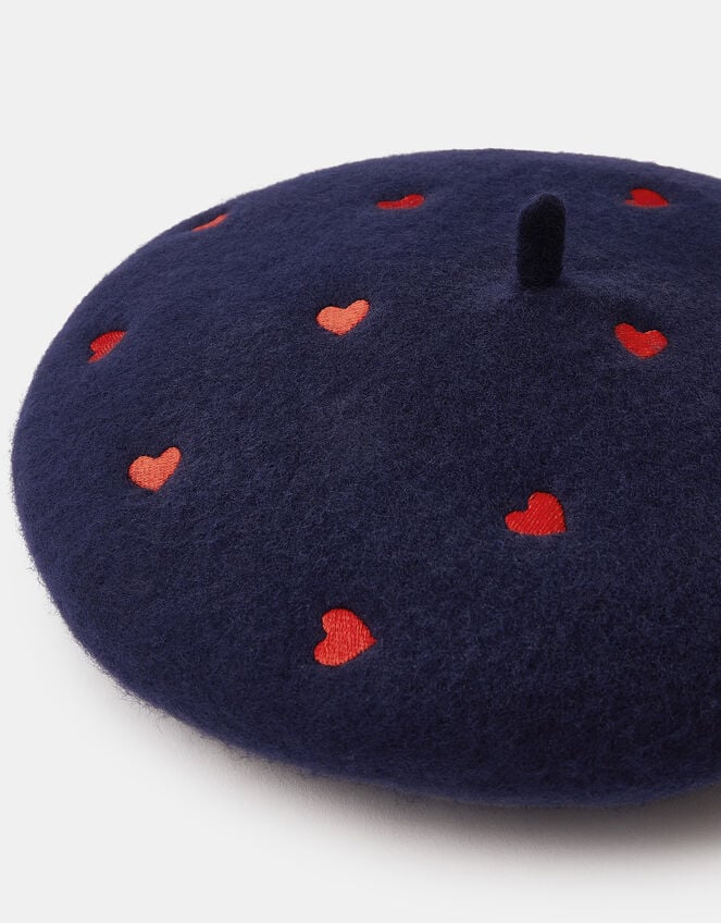 Heart Embroidered Wool Beret, , large