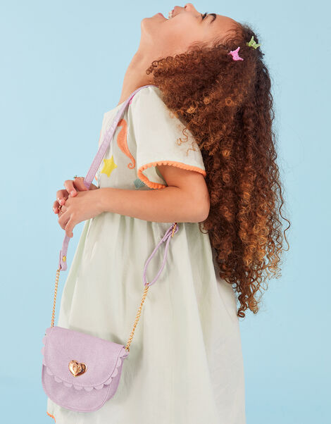 Girls Scallop Edge Heart Clasp Cross-Body Bag, Purple (LILAC), large