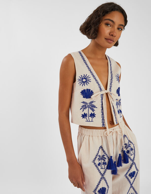 Tropical Tie-Front Embroidered Waistcoat, Natural (NATURAL), large