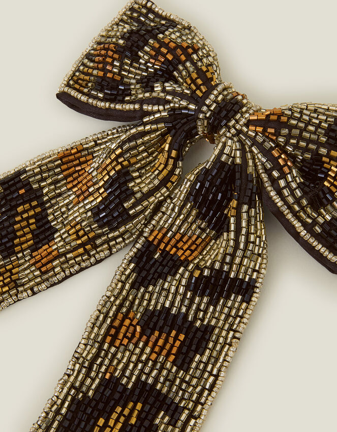 Leopard Bead Bow Barrette Hair Clip, , large