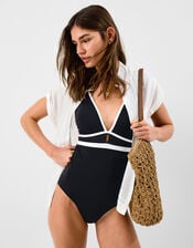 UPF50+ Contrast Plunge Shaping Swimsuit, Black (BLACK), large