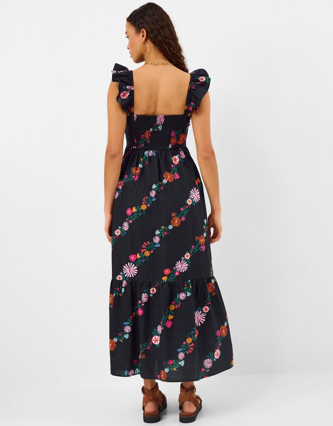 Floral Print Frill Maxi Dress, Black (BLACK), large