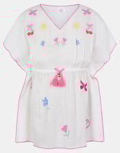 Girls Cherry Embroidered Kaftan, White (WHITE), large