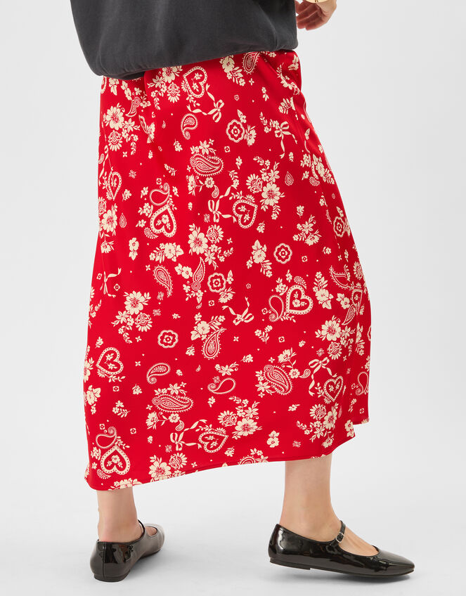 Paisley Print Satin Slip Skirt, Red (RED), large