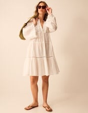 Flute Sleeve Tassel Tiered Mini Dress, Ivory (IVORY), large