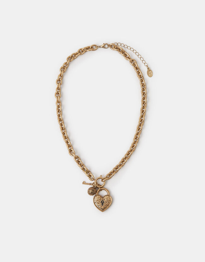 Chunky Heart Padlock Charm Necklace, , large