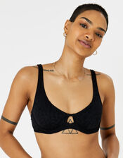 Leopard Print Jacquard Bikini Top, Black (BLACK), large