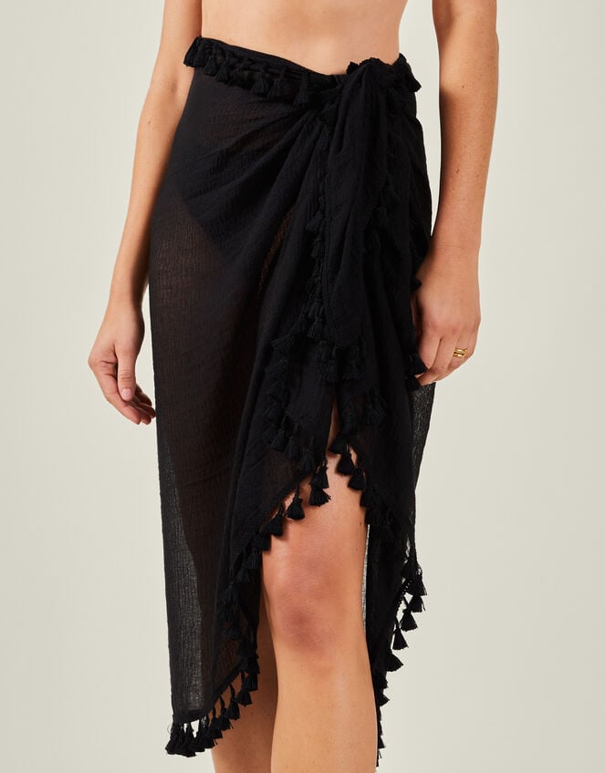 Tassel Trim Sarong, Black (BLACK), large
