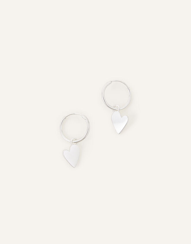 Recycled Sterling Silver Heart Charm Huggie Hoops, , large