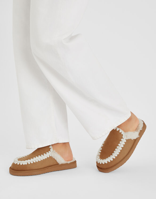 Whipstitch Suedette Mules, Tan (TAN), large
