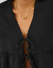 Puff Sleeve Tie Front Blouse, Black (BLACK), large