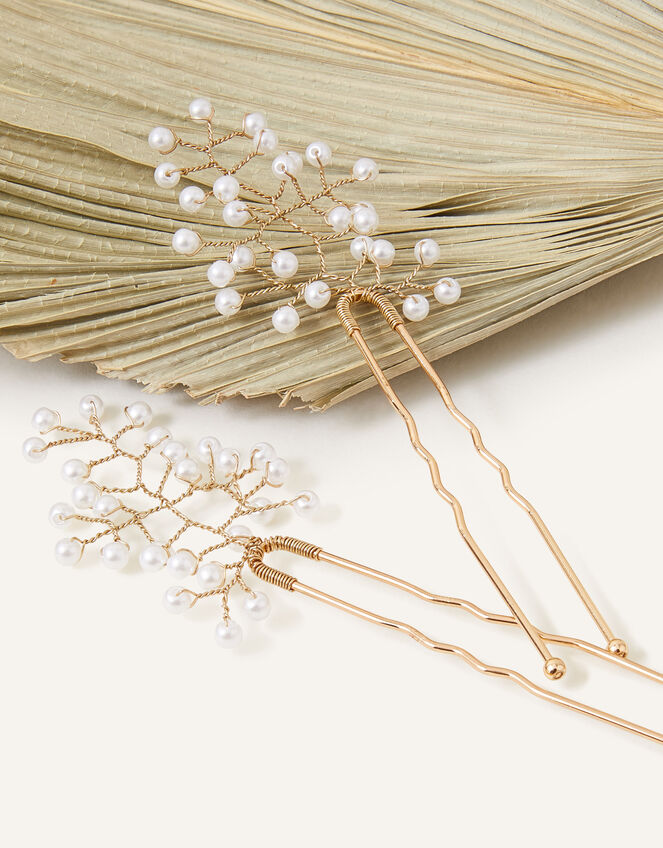 Delicate Pearl Leaf Hair Pins Set of Two, , large