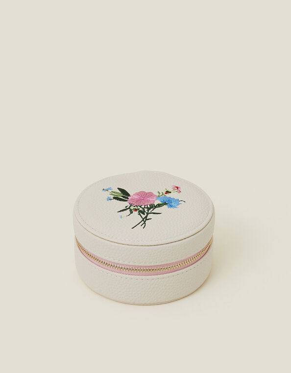 Round Floral Embroidered Jewellery Box, , large