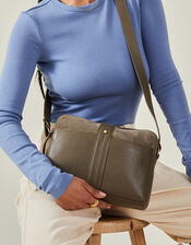 Double Zip Leather Cross-Body Bag, Green (KHAKI), large