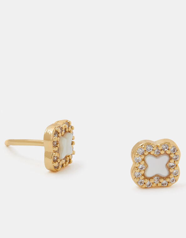 14ct Gold-Plated Mother of Pearl Clover Stud Earrings, , large